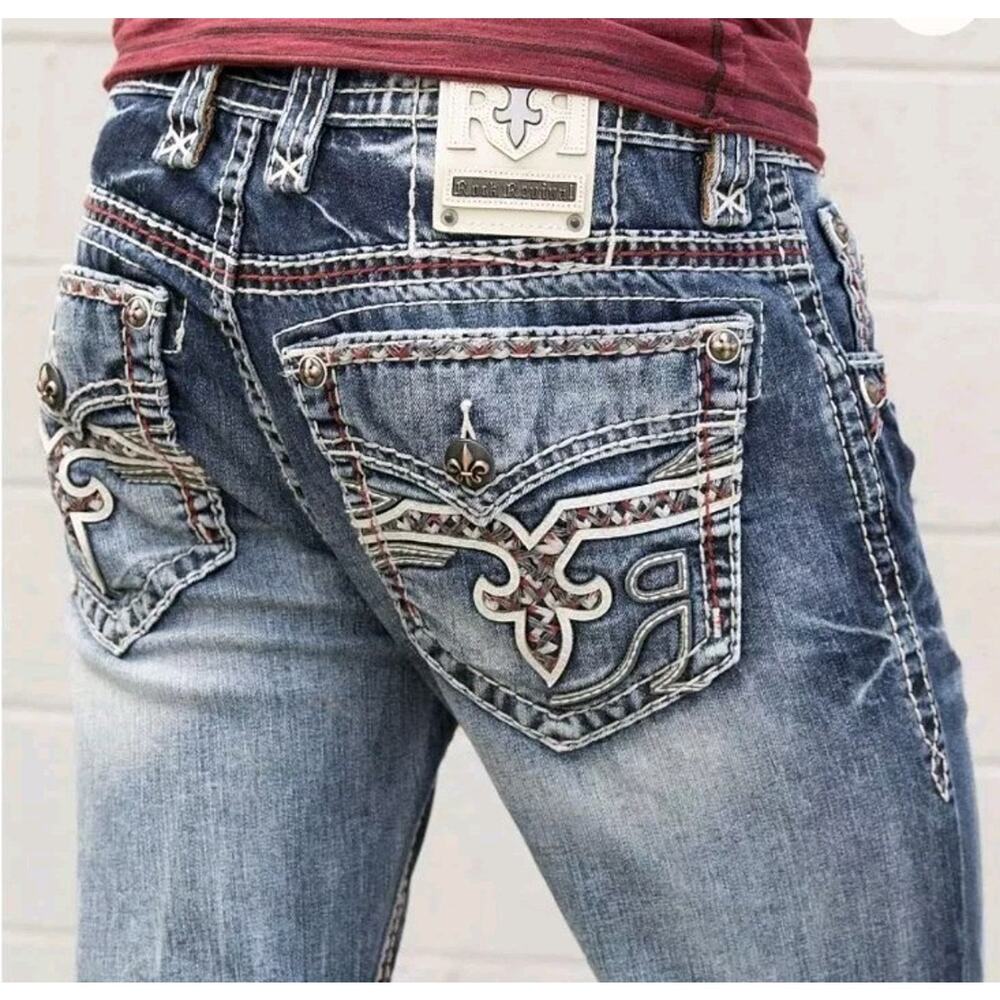 Rock Revival Mens Jeans Wren Straight Leg 29x31 Distressed Thick Stitch MMA